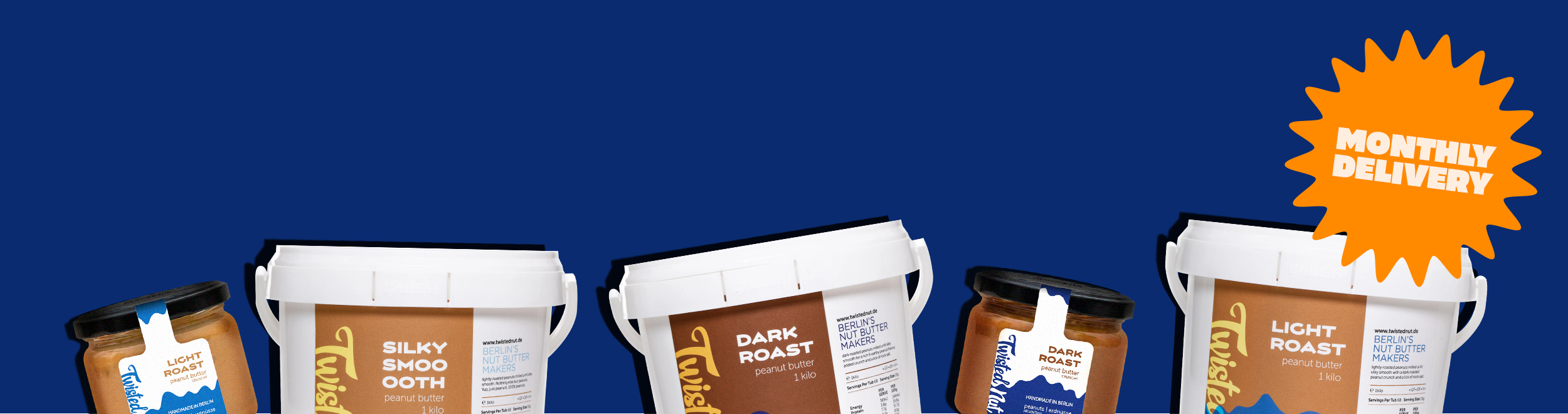 Header-Grafik für Twisted Nut Abo zeigt 1 Kg Behälter und Gläser auf blauem Hintergrund