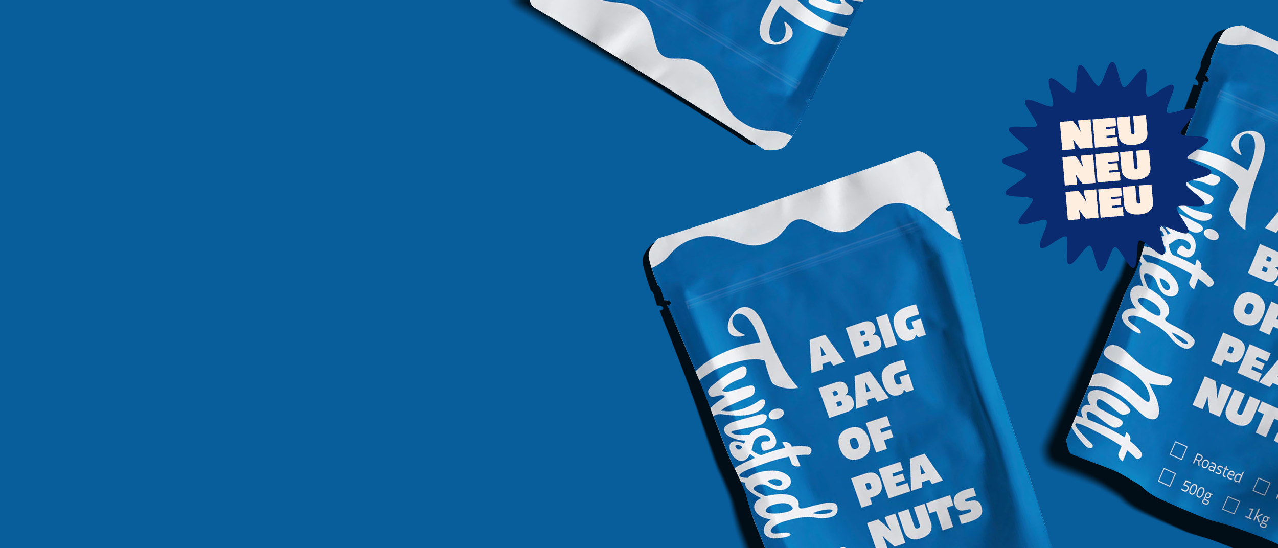 Header-Grafik mit 3 Tüten "Big bag of peanuts" auf blauem Hintergrund